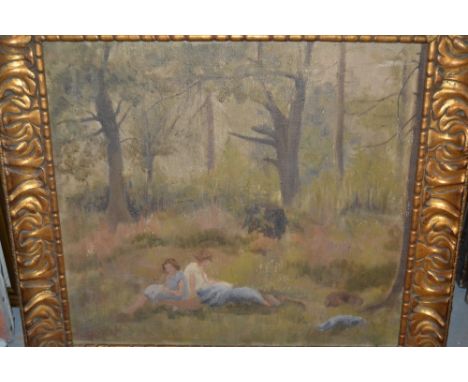 Bloomsbury school oil on canvas, two young ladies seated in a woodland clearing with portrait of a lady verso, 16ins x 18ins
