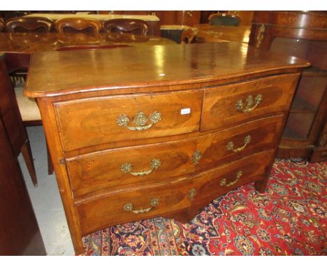 French walnut inlaid commode chest of two short over two long drawers with cast brass swan neck handles and escutcheons on st
