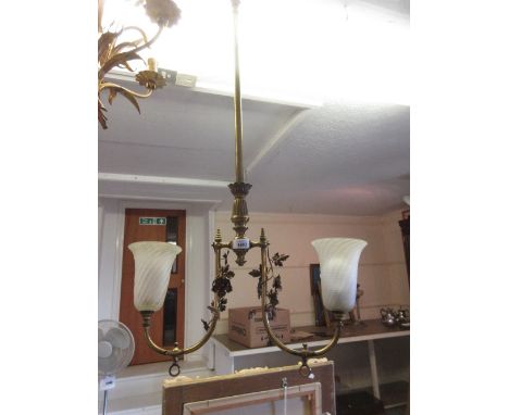 Gilt brass and copper twin branch hanging light with frosted glass shades