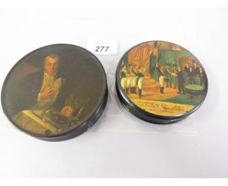 19th Century circular papier mache snuff box, the cover painted with a gentleman seated at a dinner table together with a Fre