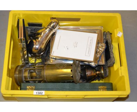 Brass miners lamp by E. Thomas and Williams Ltd., together with a quantity of other metalware including a small modern silver