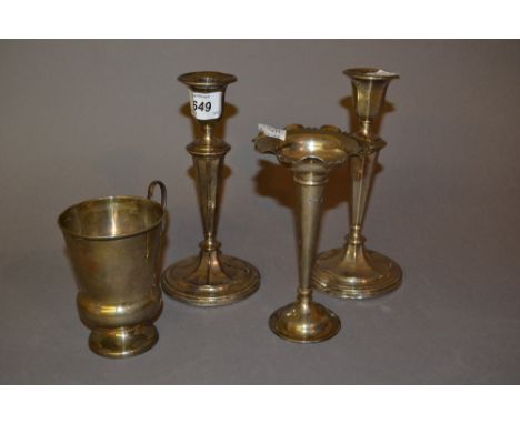 Pair of Sheffield silver candlesticks, together with a Sheffield silver specimen vase and a Birmingham silver Christening mug