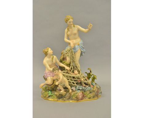 Large late 19th or early 20th Century Meissen group of Amphitrite with other figures, net of fish, shells and crustaceans to 