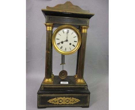 19th Century French rosewood brass inlaid and ormolu mounted portico clock with an enamel dial, Roman numerals and gilded bez