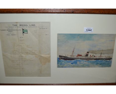 Watercolour, portrait of the steam ship S.S. Ramani, together with a framed menu from the same, Christmas Day 1930, port of B