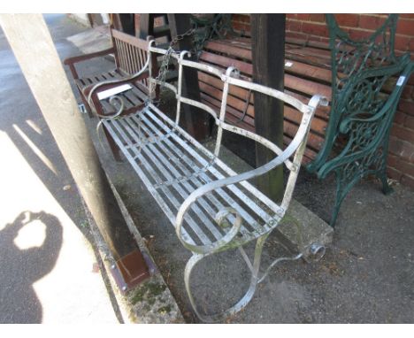 19th Century painted wrought iron garden bench with shaped triple back above a slatted seat and scroll supports