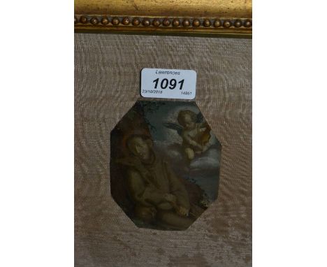 18th Century oil on copper panel, portrait of a Saint with an angel above, framed and glazed