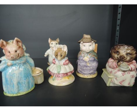 Five Beswick Beatrix Potter figures, And This Pig Had None, Mrs Tiggy Winkle Takes Tea, Aunt Pettitoes, The Old Woman Who Liv