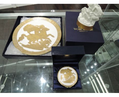 Three Royal Worcester Honi Soit Qui Mal Y Pense decorative ornaments, all boxed