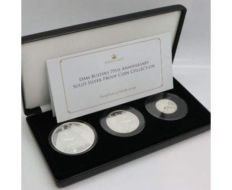 2018 silver proof three-coin Dam Busters commemorative set, Jubilee Mint, limited edition of 499, boxed with CoA. UK P&amp;P 