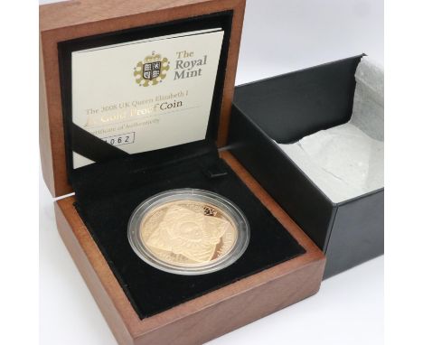 2008 gold proof £5, 450th Anniversary of the Ascension of Elizabeth I, Royal Mint, limited edition of 1500, boxed with CoA. U