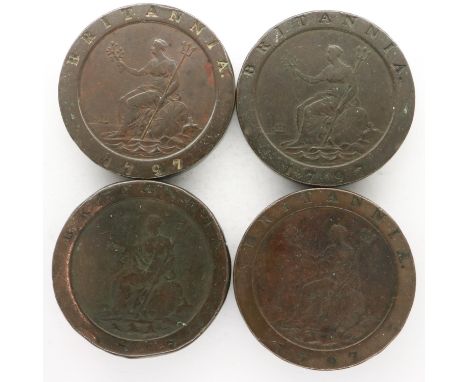 Four 1797 Cartwheel two pence coins of George III - all good circulated grades. UK P&amp;P Group 0 (£6+VAT for the first lot 