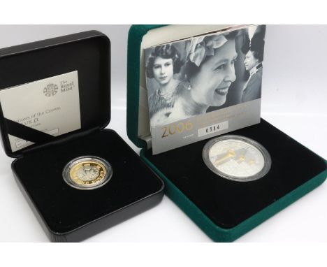 2006 silver proof crown, QEII 80th Birthday, Royal Mint, limited edition of 5000, boxed with CoA, with a 2017 silver proof £1