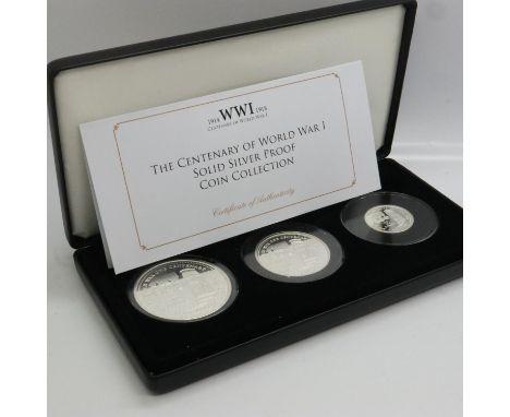 2018 silver proof three-coin WWI Centenary commemorative set, Jubilee Mint, limited edition of 499, boxed with CoA. UK P&amp;