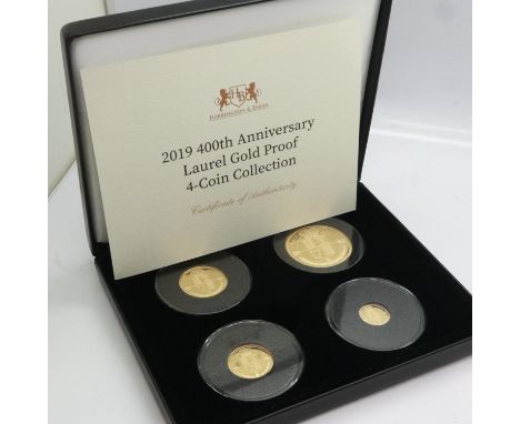 2019 gold proof four-coin set, 400th Anniversary Laurel, Hamilton &amp; Byrne, limited edition of 100, boxed with CoA. UK P&a