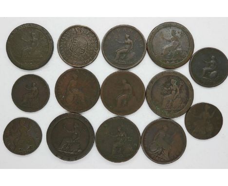 Thirteen pennies and halfpennies of George III and an 1817 silver half crown - circulated (14). UK P&amp;P Group 0 (£6+VAT fo