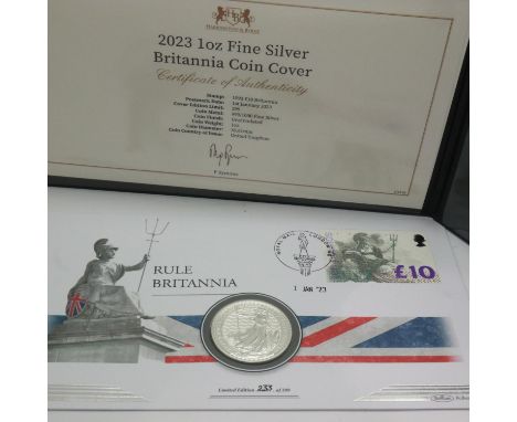 2023 1oz silver Britannia coin cover, limited edition 233/299, in Harrington &amp; Byrne presentation folder with CoA. UK P&a