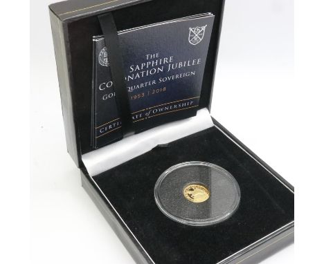 2018 gold proof quarter sovereign, Sapphire Coronation Jubilee, Bradford Exchange, limited edition of 1918, boxed with CoA. U