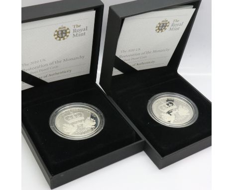 Two 2010 Restoration of the Monarchy silver proof £5, Royal Mint, each limited edition of 10,000, boxed with CoA. UK P&amp;P 