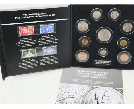 The QEII 1953 Coronation Coin &amp; Stamp Set, Hattons of London, boxed with CoA. UK P&amp;P Group 1 (£16+VAT for the first l