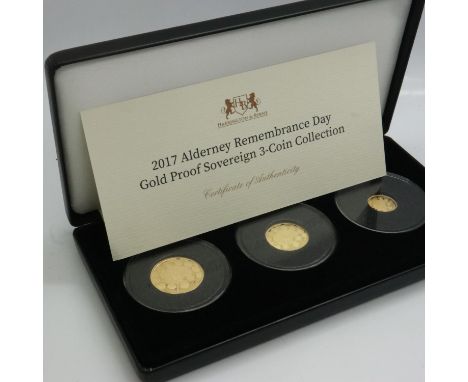 2017 gold proof three-coin set, Alderney Remembrance Day, Hamilton &amp; Byrne, limited edition of 100, boxed with CoA. UK P&