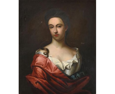 Follower of Michael Dahl (1659-1743) Swedish  Portrait of a lady, half length, wearing a red satin dress with white chemise, 