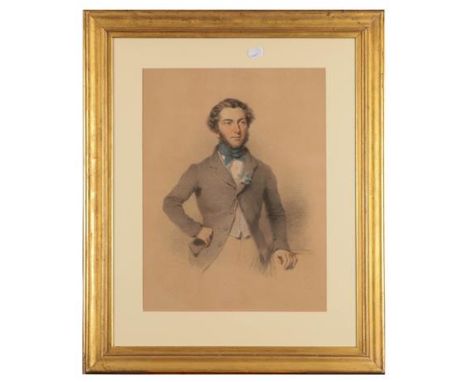L Gilbert (mid 19th century) Portrait of a gentleman, half length standing, wearing a royal blue necktie, black jacket and fl