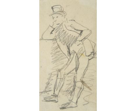 Attributed to William Henry Hunt, OWS (1790-1864)  Sketch of a standing gentleman leaning and wearing a top hat  Pencil, 11cm