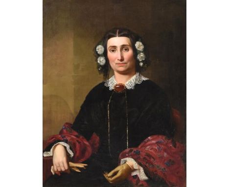 Circle of William Powell Frith (1819-1909) Portrait of a lady, half length, seated in mourning dress Oil on canvas, 90cm by 6