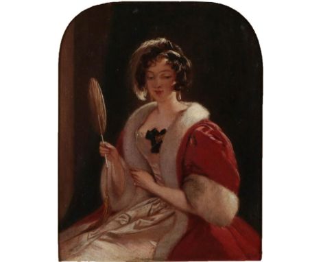 Circle of William Edward Frost (1810-1877) Portrait of an elegant lady, three quarter length seated, wearing a red velvet ove