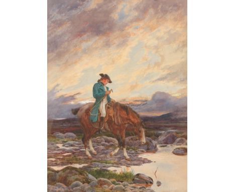 R Dobson (19th century) Gentleman on horseback going across a stream Signed and dated 188(3)?, watercolour, 67cm by 49cm