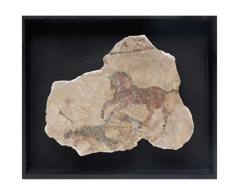 pigment on plaster, a kinetic piece depicting a battle scene, a galloping warhorse in full tack is shown trampling a fallen w