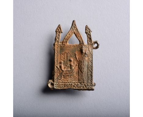 hammered pewter, the square badge with architectural spires and nave roof finial, Saint Nicholas is seen in his role as patro
