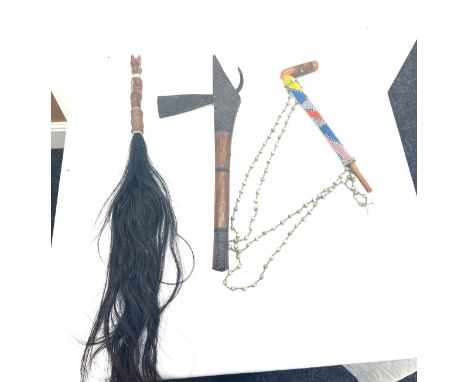Vintage carved african axe, pipe and horse hair cane and Copper african Katangese picture measures approximately 20 inches by