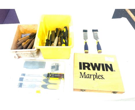 Irwin marples chisel set and 2 other Irwin marples, 20 vintage wooden chisels, plus additional 21 Chisels and a Stanley chise