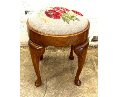 Oak and tapestry queen anne stool approx height 20 inches tall by 16 inches diameter