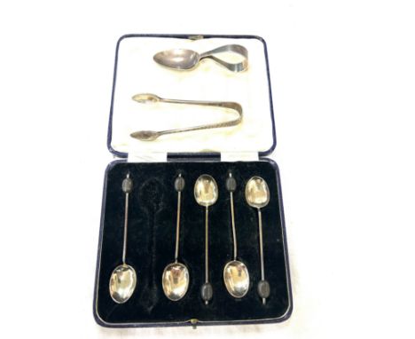 Selection of Silver pieces to include 5 cocktail spoons, sugar tongs, tea caddy spoon all hallmarked, total weight 61.4g