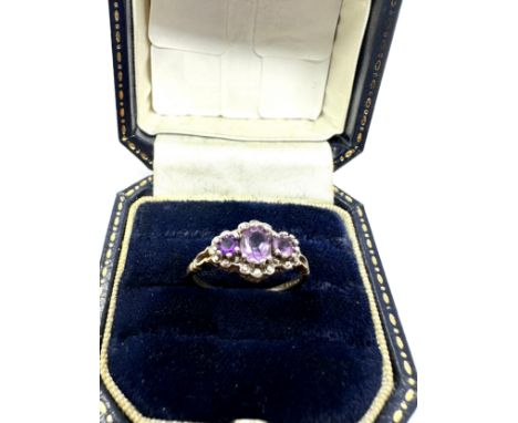 9ct Gold Amethyst &amp; Diamond Three Stone Halo Ring (1.7g)