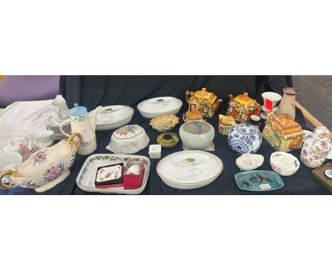 Large selection of miscellaneous items includes cottage tea pots, cornish ware, royal crown derby etc 