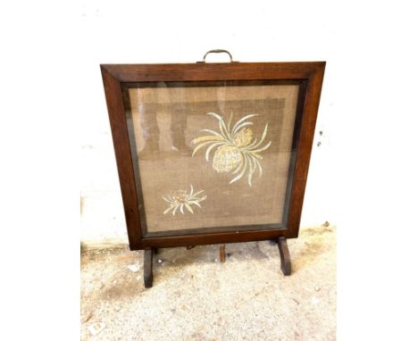 Oak framed tapestry fire screen measures approx 31 inches tall by 26 inches wide
