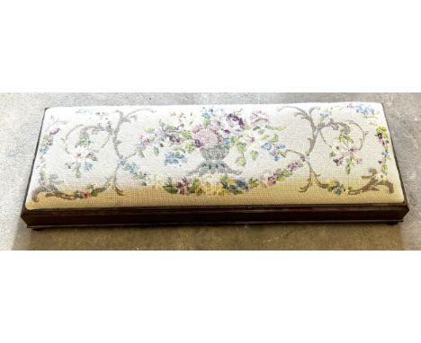 Oak and tapestry kneeling prayer stool, approximate measurements: Height 5 inches, Length 37 inches, Depth 14 inches