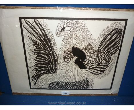 A Dermot John Holland (London Irish group) pencil signed Lithograph of cockerel and hen, 1976