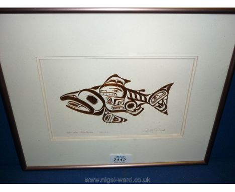 A Bill Reid haida salmon 'Skaagi', copper embossed Print of salmon.