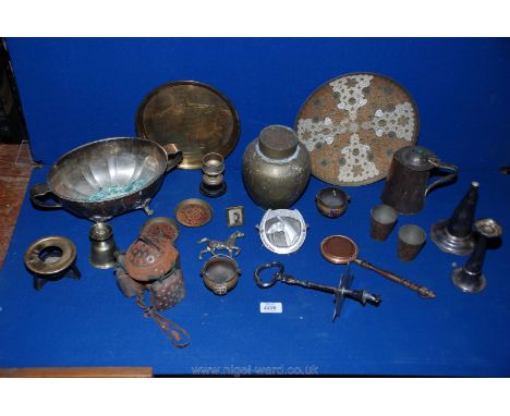 A box of brass, copper and silver plate including a Chinese tea caddy.