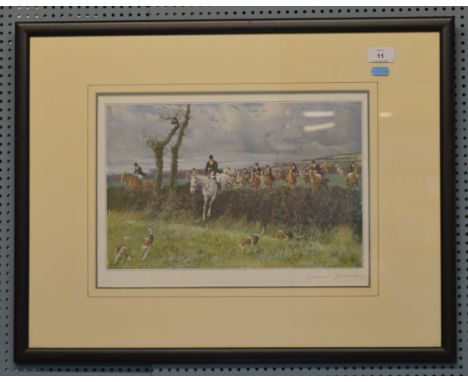 GILBERT HOLIDAY. Colour print. Hunting scene. Signed in pencil by the artist. Framed and Glazed. 64cm x 50cm