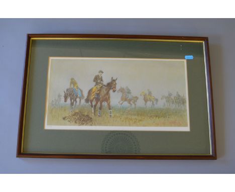 GILBERT HOLIDAY. Colour print: Hunting scene. Limited Edition 87/850, framed and glazed. 56cm x 37cm