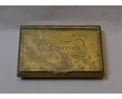 Victorian brass snuff box, enscribed with name and date to cover.