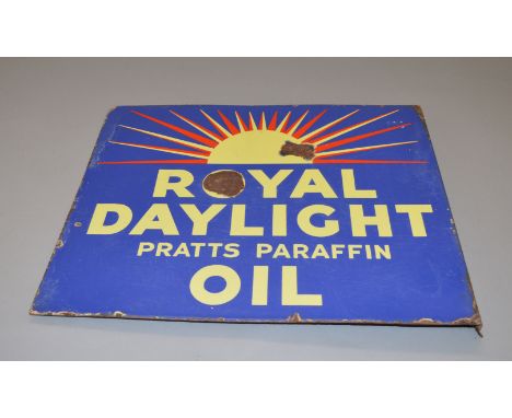 "ROYAL DAYLIGHT PRATTS PARAFFIN OIL" double sided enamel sign. (s/d to bracket) 56cm x 46cm. [COLLECTION ONLY]