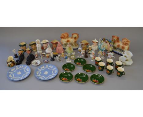 Good lot of assorted ceramic items including Staffordshire dogs, figures, character jugs etc.