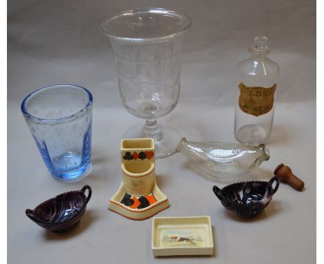 Mixed lot of glass and ceramic items including Royal Doulton match striker, a pair of Sowerby glass salts, and an engraved Vi
